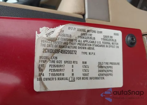 2005 Chevrolet Equinox Lt from USA, damaged, VIN 2CNDL63F456200272